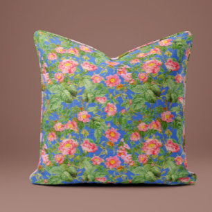 Vintage Pink Rose Pillow in Royal Blue