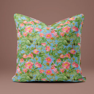 Vintage Pink Rose Pillow in Sky Blue