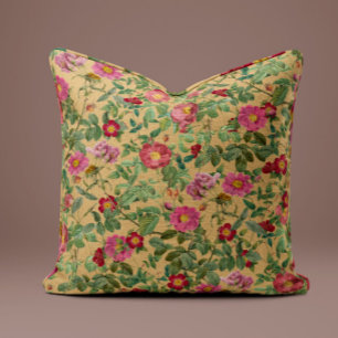 Vintage Pink Rose Pillow in Warm Buttercream