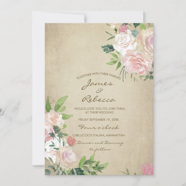 Vintage pink rose rustic wedding shower invitation (Front)