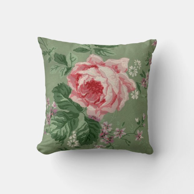 Vintage Pink Rose Wallpaper Cushion (Front)