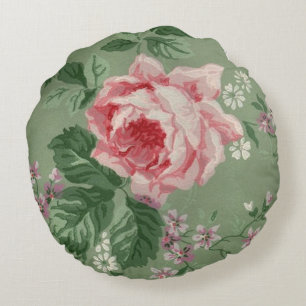 Vintage Pink Rose Wallpaper Round Cushion
