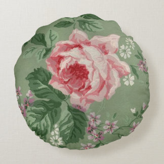 Vintage Pink Rose Wallpaper Round Cushion