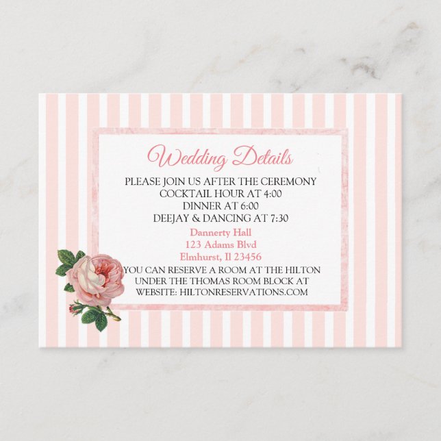 Vintage Pink Rose Wedding Detail Card (Front)