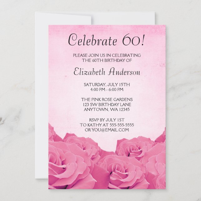 Vintage Pink Roses 60th Birthday Party Invitation (Front)