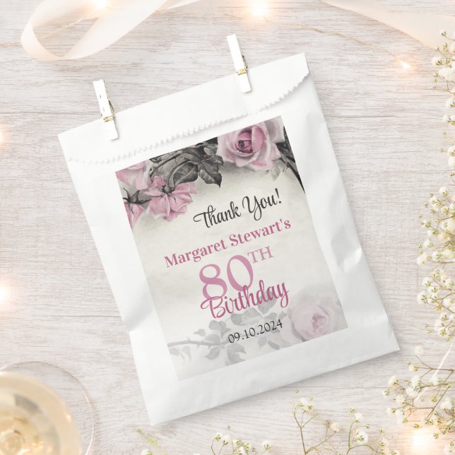Vintage Pink Roses 80th Birthday Favour Bags (Clipped)
