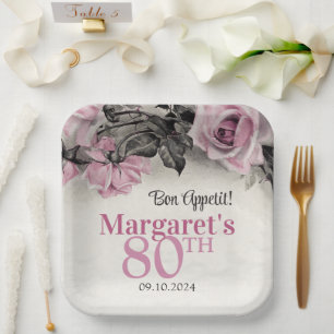 Vintage Pink Roses 80th Birthday Paper Plate