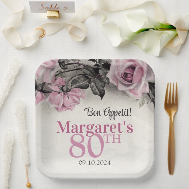 Vintage Pink Roses 80th Birthday Paper Plate (Wedding)