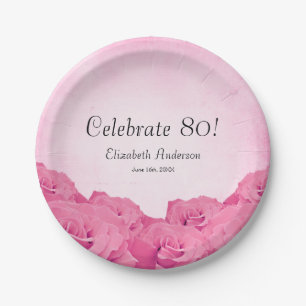 Vintage Pink Roses 80th Birthday Party Paper Plate