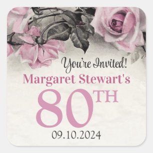 Vintage Pink Roses 80th Birthday  Square Sticker