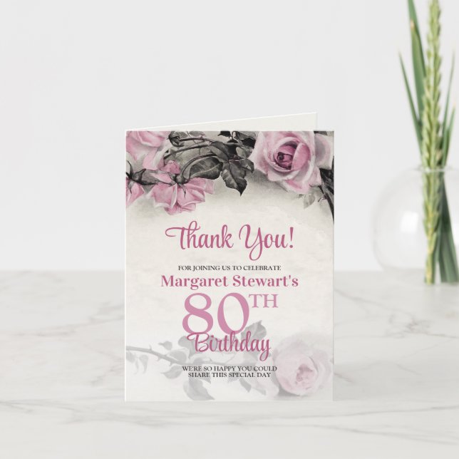 Vintage Pink Roses 80th Birthday Thank You  Card (Front)