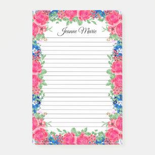 Vintage Pink Roses And Blue Flowers Lined Post-it Notes