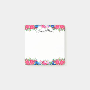Vintage Pink Roses And Blue Flowers Personalised Post-it Notes