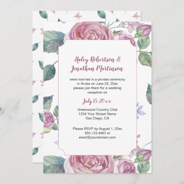 Vintage Pink Roses and Greenery Reception Only | Invitation (Front/Back)