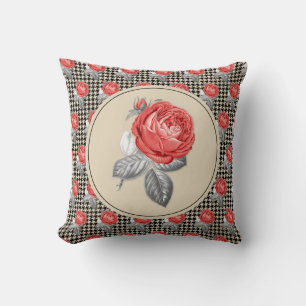 Vintage pink roses and houndstooth pattern cushion