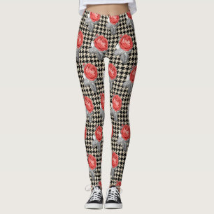 Vintage pink roses and houndstooth pattern leggings
