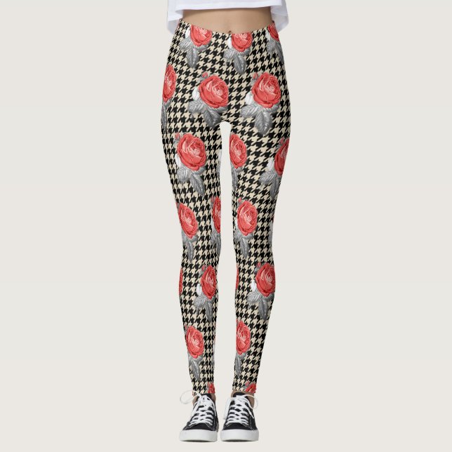 Vintage pink roses and houndstooth pattern leggings (Front)