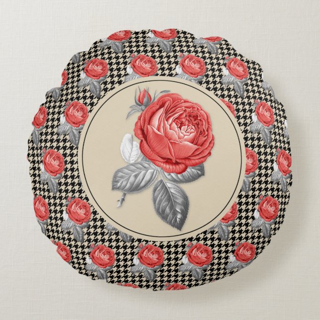 Vintage pink roses and houndstooth pattern round cushion (Front)