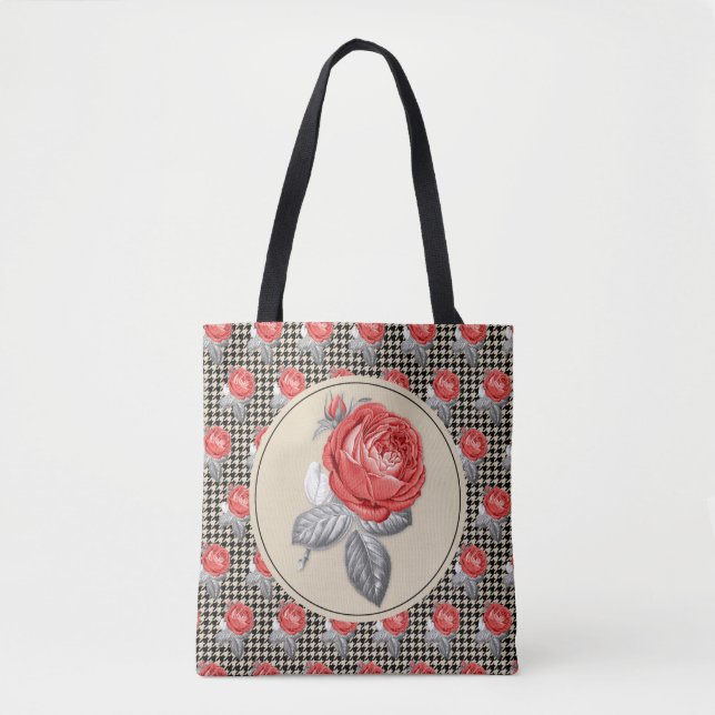 Vintage pink roses and houndstooth pattern tote bag (Front)