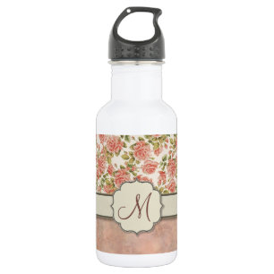 Vintage Pink Roses and Marble with Monogram 532 Ml Water Bottle