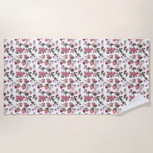 Vintage Pink Roses Beach Towel (Front)