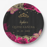Vintage Pink Roses Black Gold Lace Quinceañera