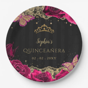 Vintage Pink Roses Black Gold Lace Quinceañera Paper Plate