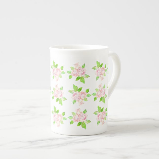 Vintage Pink Roses Bone China Mug (Front Right)