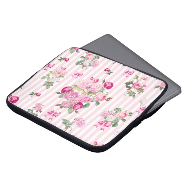 Vintage Pink Roses Coquette Bow  Stripes    Laptop Sleeve (Front Top)