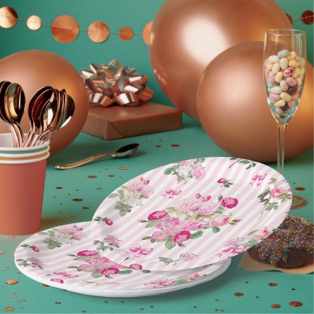 Vintage Pink Roses Coquette Bow  Stripes    Paper Plate (Multi)