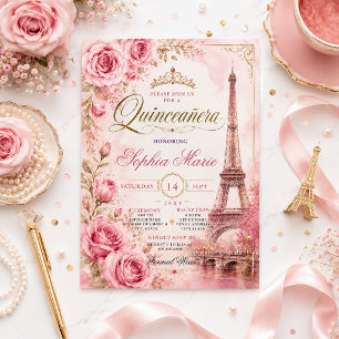 Vintage Pink Roses Eiffel Tower Quinceañera Invitation