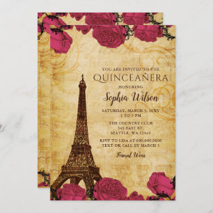 Vintage Pink Roses Eiffel Tower Quinceañera Invitation