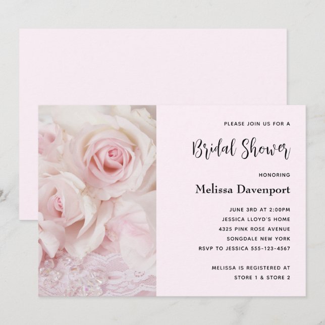 Vintage Pink Roses & Elegant Lace - Bridal Shower Invitation (Front/Back)