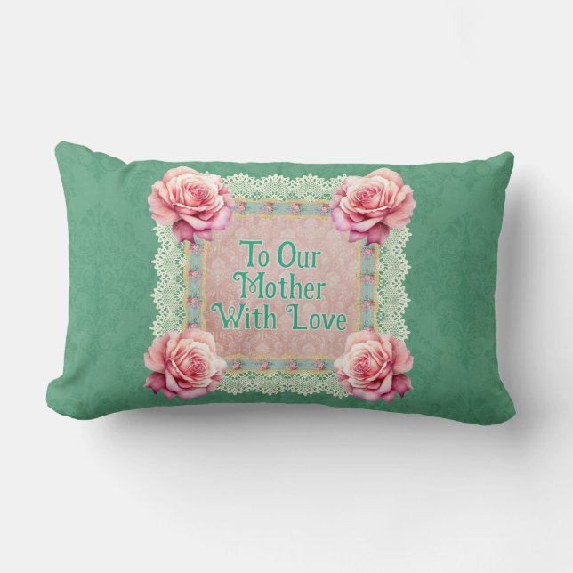 Vintage Pink Roses Faded Damask Personalised Lumbar Cushion (Front)