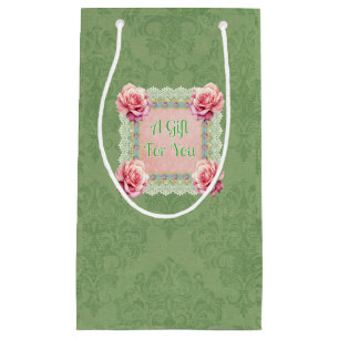 Vintage Pink Roses Faded Damask Personalised Small Gift Bag
