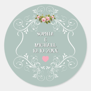 Vintage Pink Roses Floral and Sage Green Wedding  Classic Round Sticker