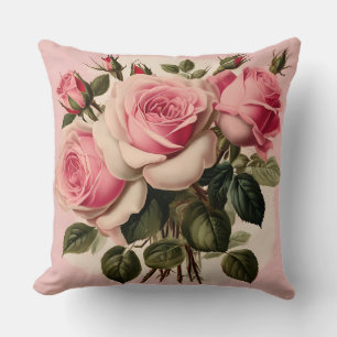 Vintage Pink Roses Floral Bouquet Cushion