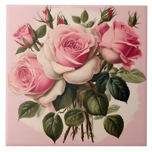 Vintage Pink Roses Floral Bouquet  Tile (Front)