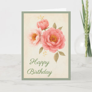 Vintage Pink Roses Floral Happy Birthday Card