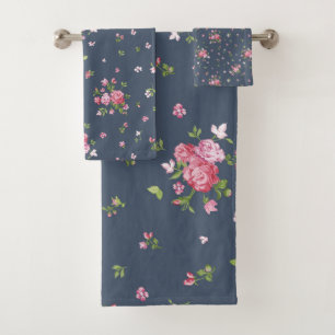 Vintage Pink Roses Floral Pattern Navy Blue  Bath Towel Set