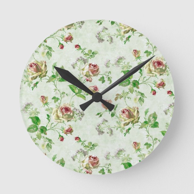 Vintage Pink Roses Floral Pattern Round Clock (Front)