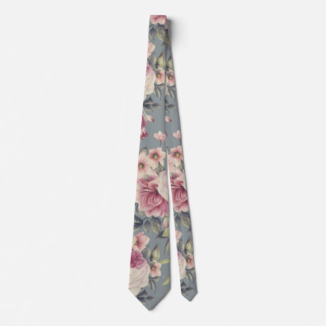 Vintage Pink Roses Flowers Neck Tie (Front)
