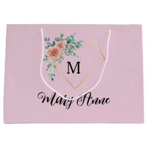 Vintage Pink Roses Golden Heart Monogram and Name Large Gift Bag