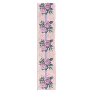 Vintage Pink Roses Lavender Ribbons Faded Damask  Short Table Runner