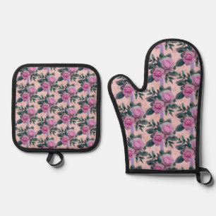 Vintage Pink Roses Lavender Ribbons Oven Mitt & Pot Holder Set