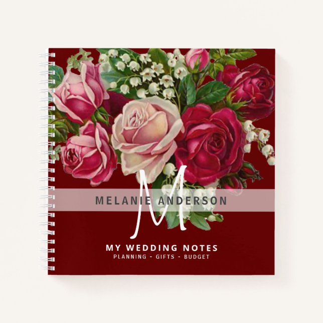 Vintage Pink Roses Monogram Wedding Planning Bride Notebook (Front)