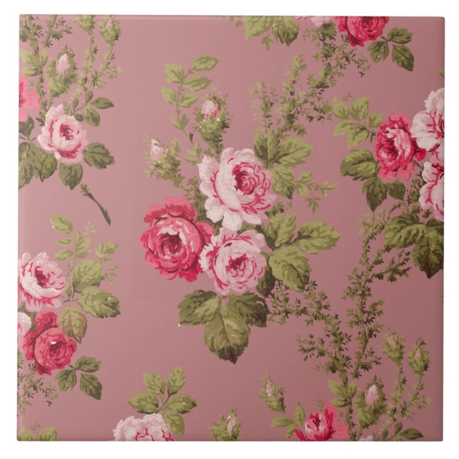 Vintage Pink Roses-Old Rose Background Tile (Front)