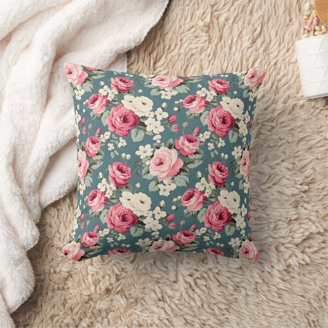 Vintage Pink Roses on Deep Blue Cushion (Blanket)