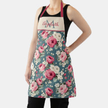 Vintage Pink Roses on Deep Blue Monogram