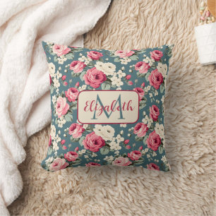 Vintage Pink Roses on Deep Blue Monogram Cushion